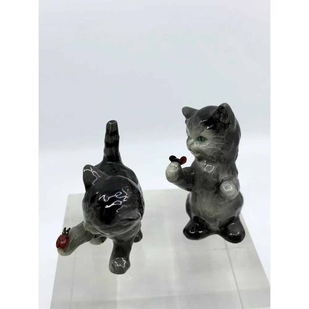 Vintage Goebel Grey Kitten Cat with Lady Bug Figurine Set Of 2
